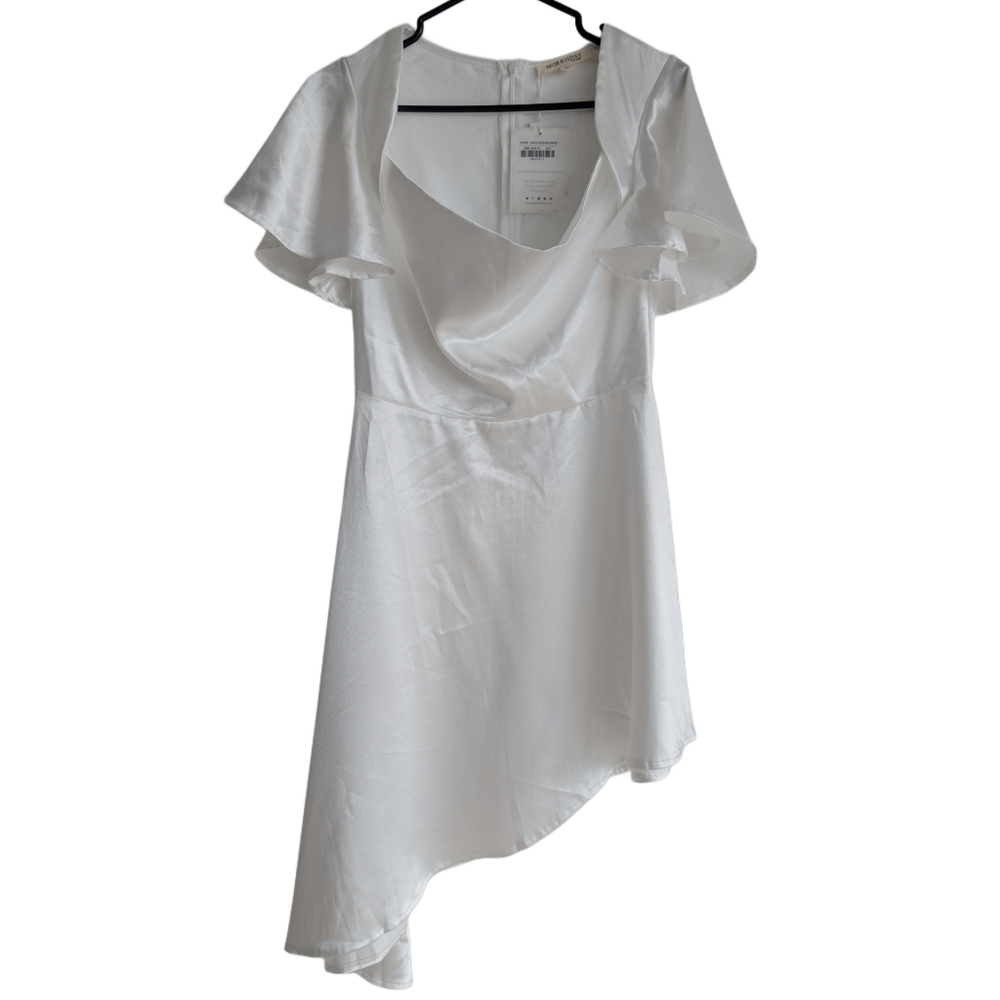 Morrisday Women's Small White Satin Asymptotical Tulip Sleeve Party Dress